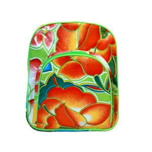mochila impermeável para crianças feita de oleado Tehuana, flores, floral, colorido