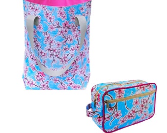 IKURI Set Shopper + Kulturbeutel Wasserdicht - Einkaufstasche für Frauen Oilcloth aus Wachstuch Tote Bag Beutel - Hanami hellblau