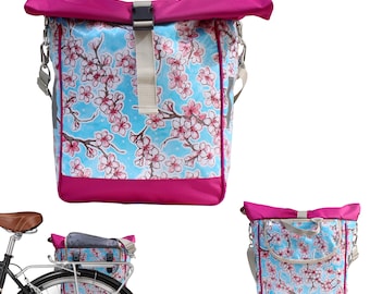 IKURI Bicycle Bag Waterproof For Woman Rolltop Oilcloth Bike Bag Pannier Cherry Blossom - Hanami lightblue