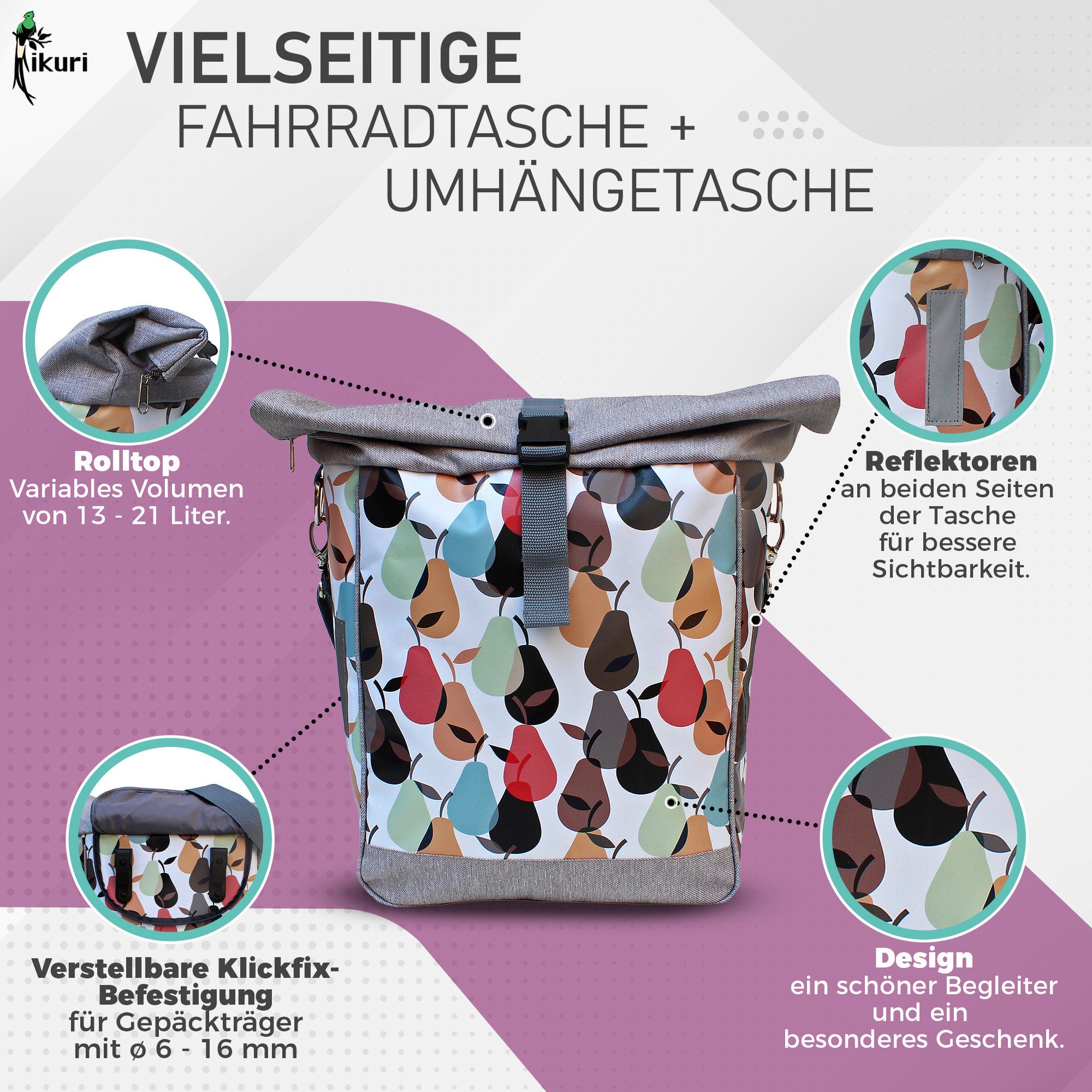 IKURI Bicycle Bag Waterproof for Woman Rolltop Oilcloth Bike Bag Pannier  Retrolook - Design Peras - Etsy Finland