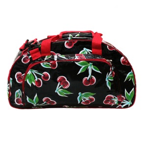 IKURI Weekender Bag - Waterproof Messenger Bag Handmade Handbag in Oilcloth Travel Bag Holdall Crossbody Shoulder Bag - Cerezas black