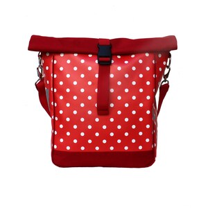 IKURI waterproof bicycle bag bike panniers from oilcloth, red with polka dots, retro look, with shoulder strap