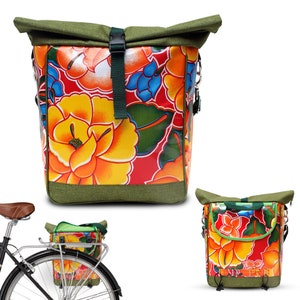 Fahrradtasche Gepäckträger Wasserdicht - Gepäcktasche für Frauen Oilcloth Satteltasche aus Wachstuch Velotasche - Design Tehuana rot