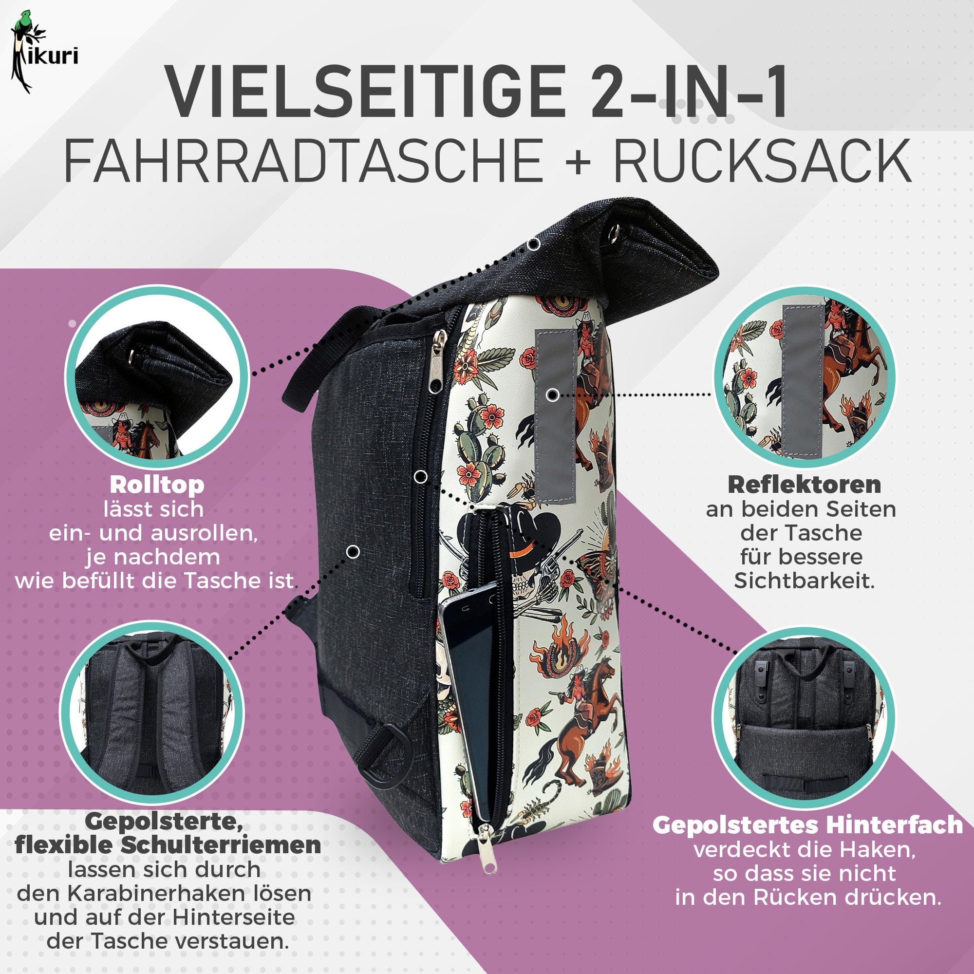 2in1 Fahrradtasche / Rucksack KOMBI fr Gepcktrger aus Wachstuch -  Gepcktasche fr Frauen Wasserdicht Bike Panniers - Design Cowgirl - Etsy.de
