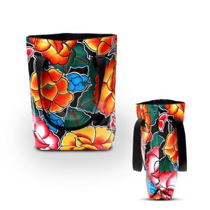 Sac cabas imperméable en toile cirée pour femme, motif fleurs, fourre-tout - Tehuana noir