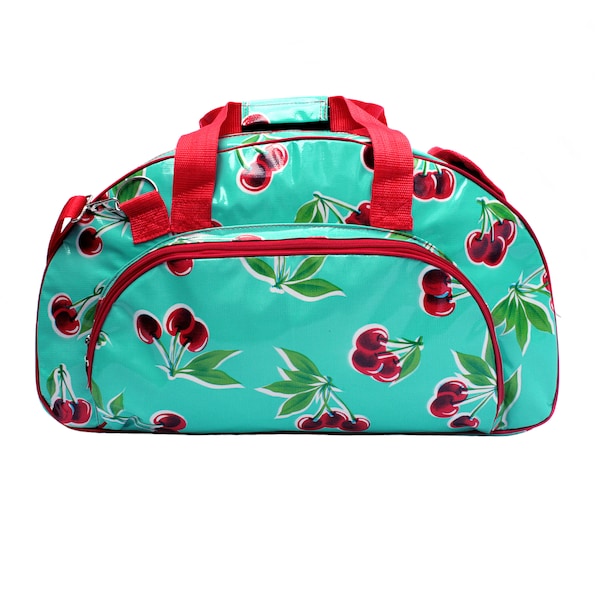 IKURI Weekender Bag - Waterproof Messenger Bag Handmade Handbag in Oilcloth Travel Bag Crossbody Shoulder Bag - Cerezas turquoise