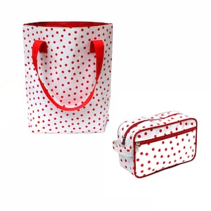 B-WARE Set Shopper + Kulturbeutel Wasserdicht - Einkaufstasche für Frauen Oilcloth aus Wachstuch Punkte Tote Bag Beutel - Lunares rotweiss