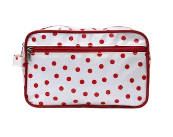SECONDQUALITY Cosmetic Bag Make-up Toilet Bag Toiletry Kit Necesaire from Mexican Oilcloth Waterproof Dotted - Lunares red white