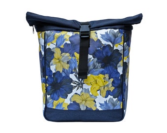 2in1 Fahrradtasche / Rucksack KOMBI  aus bedruckter Plane, mit Blumen - Gepäcktasche für Frauen Wasserdicht Bike Panniers - Design Azucena