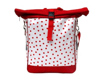 B-WARE Fahrradtasche Wasserdicht - Gepäcktasche für Frauen in Oilcloth Satteltasche aus Wachstuch Punkte - Design Lunares rot weiss