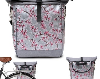 Fahrradtasche Wasserdicht Gepäckträger - Gepäcktasche für Frauen in Oilcloth Satteltasche aus Wachstuch Handgemacht - Design Hanami Silber