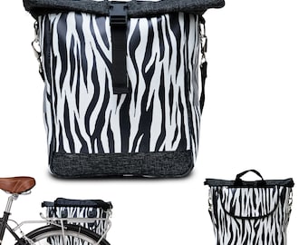 Fahrradtasche für Gepäckträger Satteltasche Packtasche aus Plane, wasserdicht, im Retrolook, mit Tragegurt - Zebra