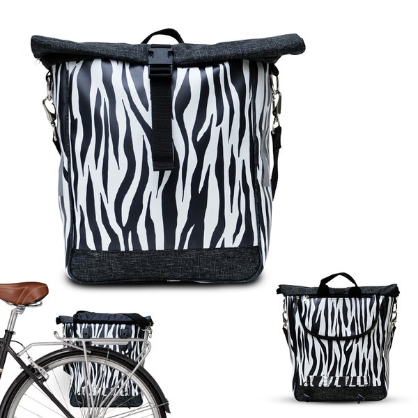 Fahrradtasche für Gepäckträger Satteltasche Packtasche aus Plane, wasserdicht, im Retrolook, mit Tragegurt - Zebra