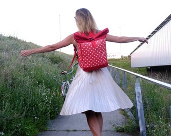 2in1 KOMBI Bicycle Bag / Backpack Waterproof For Woman Rolltop Bike Bag Pannier - Design Lunares Red