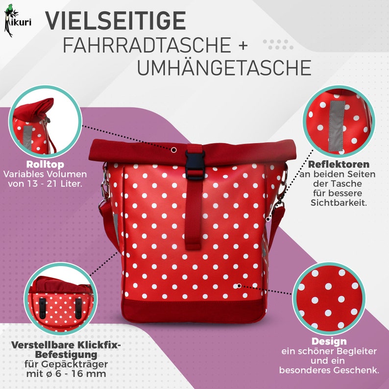 Fahrradtasche für Gepäckträger Satteltasche Packtasche aus bedruckter Plane, rot gepunktet, wasserdicht, mit Tragegurt Lunares rot Bild 4
