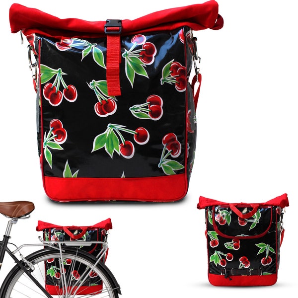 Sac de vélo porte-bagages en toile cirée - sac à bagages pour femme imperméable cerises Velo Bike Panniers - design Cerezas noir