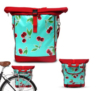 Bolsa de bicicleta feita de oleado porta-bagagens - Bolsa de bagagem para mulheres à prova d'água Bicicleta Velo Cestos Acessórios de bicicleta - Cerezas Turquesa
