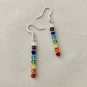 Peut inclure: Boucles d'oreilles en cristal arc-en-ciel avec crochets argentés. Chaque boucle d'oreille présente une rangée de cristaux colorés dans l'ordre du rouge, de l'orange, du jaune, du vert, du bleu, de l'indigo et du violet.