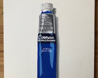 Original acrylic painting of a paint tube, 6x8 inches on flat gesso board