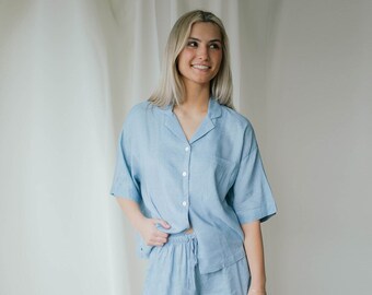 custom pajamas, monogram pajamas, linen beachwear, linen set, women's beachwear, linen matching set, monogram set, blue pajamas, linen pjs