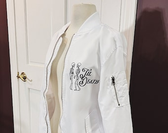 white wedding bomber jacket, Til Death do us part Jacket, white bomber jacket, wedding jacket, until death, wedding, bride, bach party