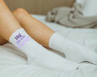 big bride energy, big bach energy, purple wedding socks, purple wedding favors, purple wedding, pink bride socks, custom, white socks, bride