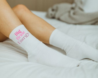 bride socks, big bride energy, big bach energy, wedding socks, wedding favors, custom socks, pink bride socks, custom, white socks, brde