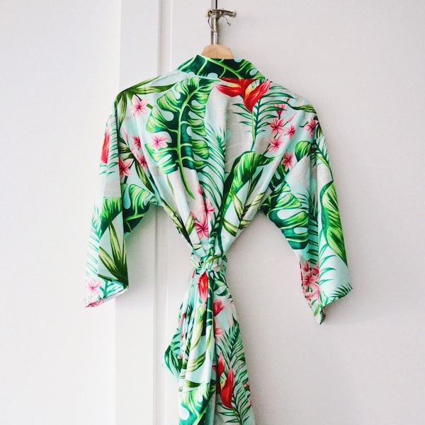 satin tropical robe, bridesmaid robe, hawaiian robe, bridal party robes, banana leaf robe, beach wedding robe, destination wedding robes,