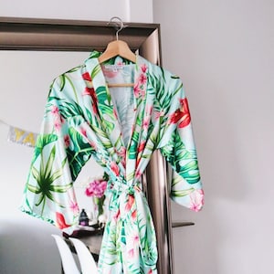 beach wedding robe, satin tropical robe, bridesmaid robe, hawaiian robe, bridal party robes, banana leaf robe, destination wedding robes,