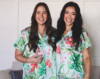 custom tropical pajamas, holiday pajama set, family pajamas, palm leaf pajamas, banana leaf, monogram pajamas, Christmas, bridesmaid pajamas