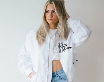 white wedding bomber jacket, Til Death do us part Jacket, white bomber jacket, wedding jacket, until death, wedding, bride, bach party