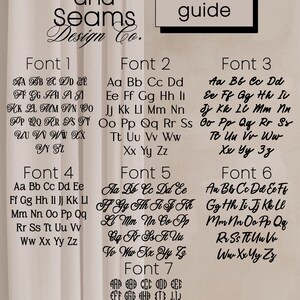 May include: A font guide from Spikes and Seams Design Co. displaying seven distinct typography styles. The chart features six sets of standard alphabet characters in various scripts and one set of three-letter monogram styles in black text.
