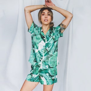 Trendy Personalized Tropical Satin Pajamas - Luxury Banana Leaf Resort Wear with Monogram - Chic Banana Leaf Pajamas - Satin Resort Wear