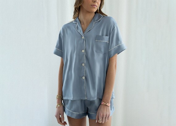 blue satin pajamas, something blue, blue wedding pajamas, light blue pajamas, blue silk pajamas, bridesmaid pajamas, pajamas, satin pajamas