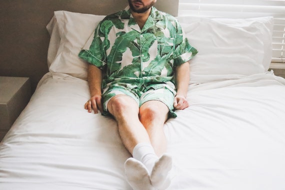Men’s Banana Leaf Satin Pajamas Set | Tropical Print Sleepwear for Men | Silky Soft Lounge Set for men | Luxury Men’s Gift Idea for him