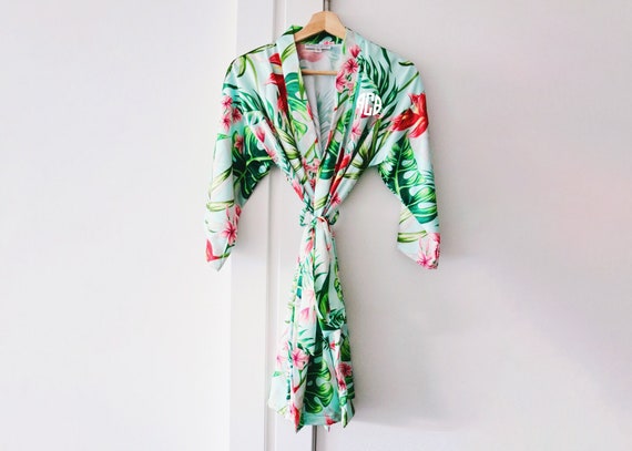 custom robe, satin robe, tropical robe, hawaiian robe, bridal party robes, banana leaf robe, beach wedding robe, destination wedding robes