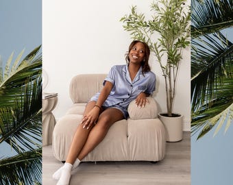 Personalized Satin Pajama Shorts Set • Baby Blue Matching PJs • Bridal Sleepover Outfit