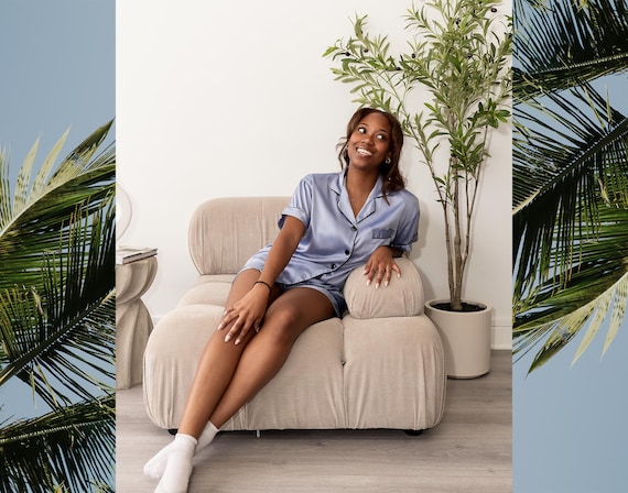 Personalized Satin Pajama Shorts Set • Baby Blue Matching PJs • Bridal Sleepover Outfit