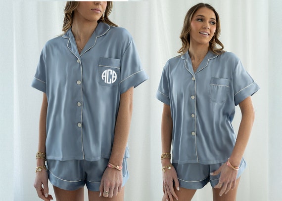Something Blue Blue Satin Pajamas Wedding Pajamas Bridesmaid Pjs Birthday Pajamas Monogram Women s Custom Text Pajamas Baby Blue Pjs Etsy Canada