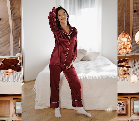 Wine Satin Pajama Set – Deep Purple Silky Sleepwear for Women – Lounge Pants & Button-Up Shirt for Cozy Nights - Soft and Stretchy Pajamas