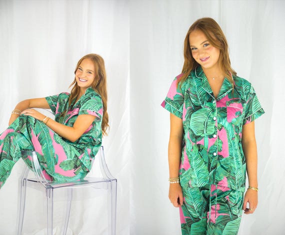 banana leaf pajama set, women's tropical pajamas, wedding pajamas, staycation pajamas, hawaiian pajamas, pajama pants set, monogram pajamas