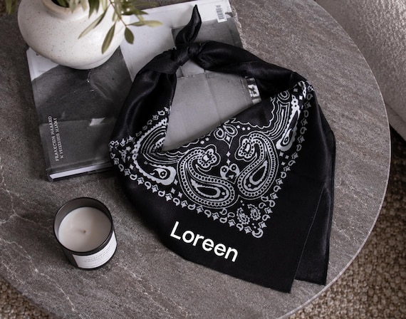 Black Paisley Bandana, Custom Name Bandana, Personalized Cotton Scarf, Pet Bandana, Customizable, Accessory