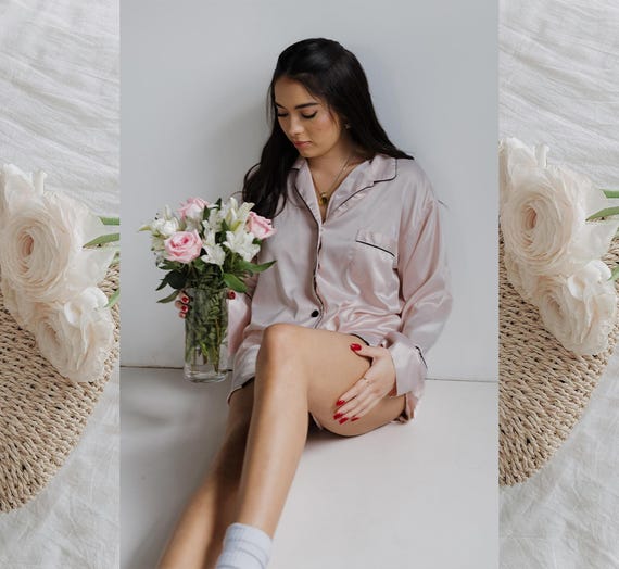 blush satin pajamas, cute satin pajamas, chic loungewear, luxury sleepwear, pajama goals, silky pajamas, cozy, homewares, fashion pajamas