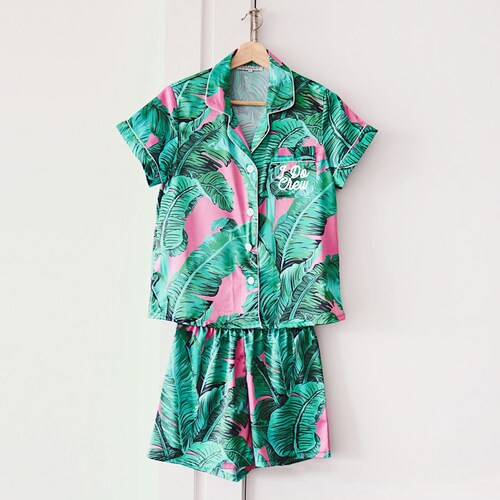 Pink Palm Leaf Pajamas Banana Leaf Monogram Pajamas Wedding Etsy