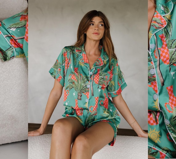 Banana leaf pajama set, trendy loungewear, cute satin sleepwear, island inspired pajamas, pink banana leaf pjs, silky tropical pajamas, luxe
