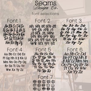 May include: A chart showing seven different font styles with the alphabet in each style. The title of the chart is "Spikes and Seams Design Co. font selections".