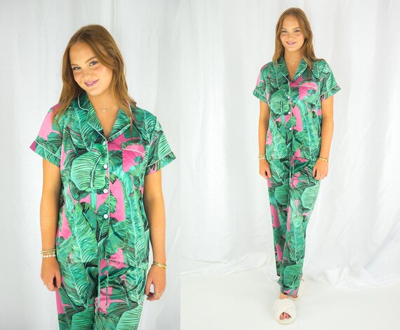 palm leaves pajama set, banana leaf pajamas, monogram pajamas, bridal party pajamas, bridesmaid pajamas, bride pj's, custom pajamas, beach
