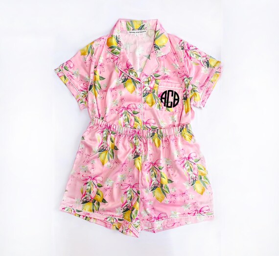 stretchy pajamas, luxury lemon print pajamas, cute floral sleep set, satin fruit print pajamas, pink floral pajamas, luxurious lounge set