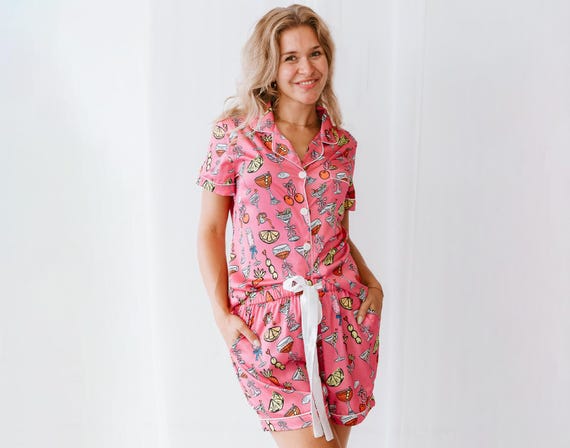 Monogrammed chic Pajamas, trendy pink pattern pajamas, women's pink sleep set, cocktail print pajamas, silky soft sleepwear, bach party pjs