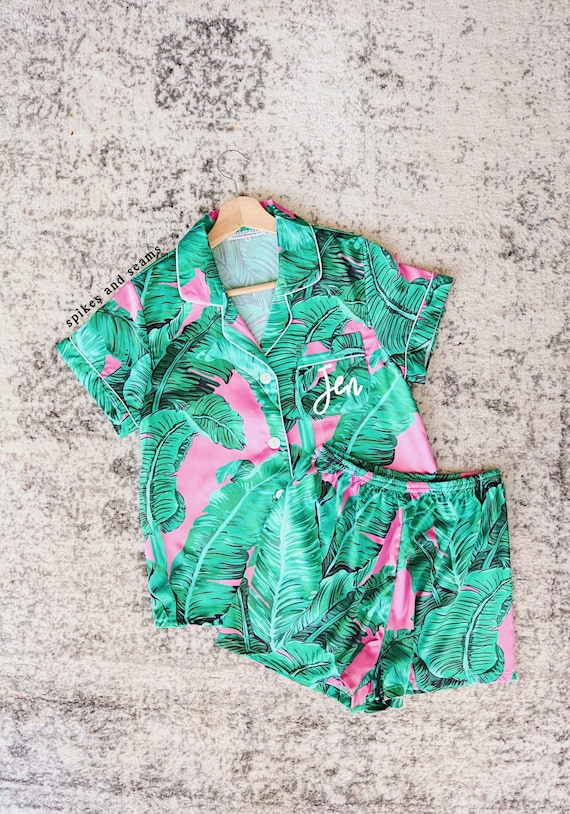 chic satin pajamas, palm leaf set, resort pajamas, beach satin set, palm leaf print pajamas, palm leaf print, beach wear, tropical print pjs